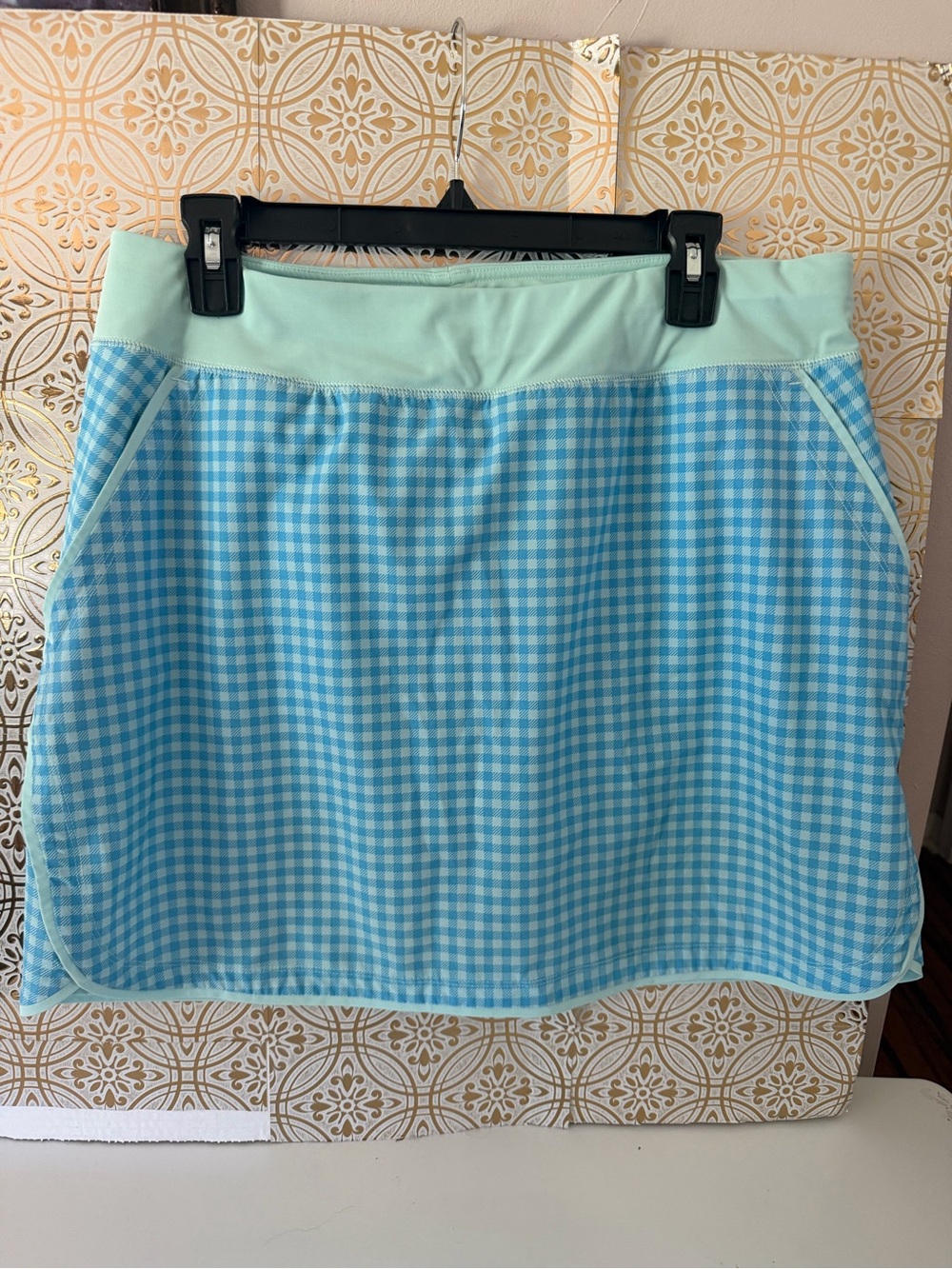 Lands' End Light Blue Gingham Active Skort with Mint Waistband
